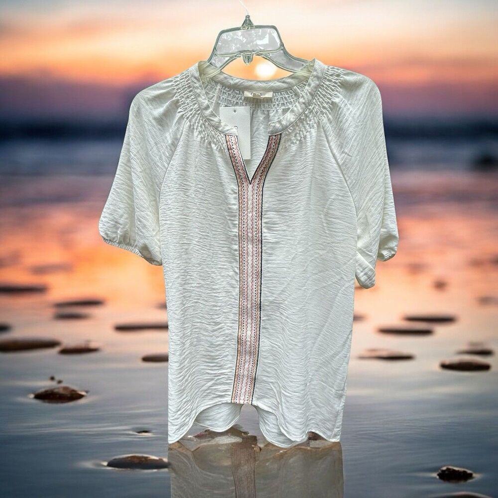 NEW Como Blu Peasant Boho Short Sleeve Cream & Multi Blouse - Size Small